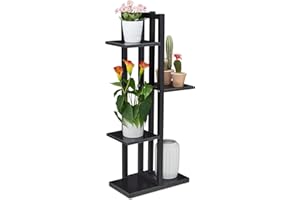 Relaxdays Estante de Flores Estantería Metálica Plantas, Escalera Macetas 4 Baldas Interior, Efecto Madera, 93 x 42,5 x 22,5 cm, Negro, Acero