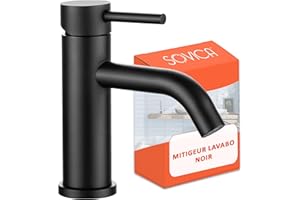 SOVICA Mitigeur lavabo noir acier inox eau chaude et eau froide avec 2 flexibles inclus robinet salle bain noir robinet noir salle de bain