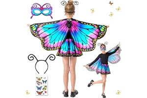 HILKKET Peleryna z motylem, 5 kostiumów dla dzieci, skrzydła motyla z maską, spódniczka tutu, opaska na włosy, tatuaż z motylem, peleryna dla dziewcząt, kostium karnawałowy, Cosplay, 117 x 47 cm