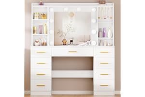 ANWBROAD Dressing Table with Mirror and 10 LED Light Globes 3 Light Colours Adjustable Brightness Vanity Desk with 9 Drawers 6 Open Shelves 5 Hooks Modern Makeup Table White YBDT89W