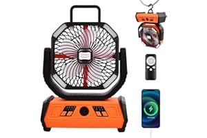 MAPILLE Ventilateur de camping avec 20000mAh & lumière LED, ventilateur USB silencieux avec télécommande, 4 vitesses, oscillation & minuterie, portable pour tente, extérieur, panne de courant (Orange)