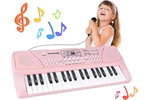 QIQUBOX Rosa Klavier Spielzeug zum 4 Geburtstag für Mädchen - 37-Tasten Kinder Piano Keyboard mit Mikrofon - Kleinkind Musikspielzeug für 3 4 5 6 7 jährige Mädchen Jungen Geschenk