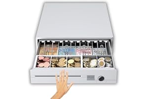 POS VALLEY Tiroir-caisse en Fer - Caisse Tirelire Noire Tickets, Billets & Pièces (euro) - 5 Bacs Réglables Pièces, 4 Compartiments Billets, Une Fente Chèques - Ouverture Manuelle Avec Clés - 33x37cm