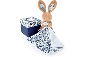 DOUDOU ET COMPAGNIE - Doudou Lapin Pantin Marine Marron Avec Mouchoir - Collection Boh'aime - 12 cm - Jolie Boîte Cadeau Souvenir - Idée Cadeau Naissance Bébé - Garantie Doudou Perdu - DC4016
