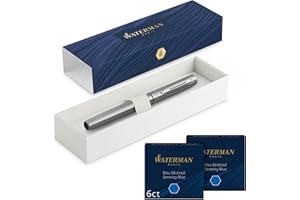Waterman Allure pluma estilográfica | acero inoxidable con adorno cromado | plumín fino | con 12 cartuchos de tinta azul cortos | estuche de regalo