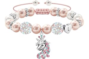 RMMD Einhorn Geschenke für Mädchen - Herz Anhänger Armband mit Initiale Rosa Perlen & Strass Geburtstagsgeschenk Einschulung Geschenke für Mädchen Tochter Kinder Schmuck 5-16 Jahre