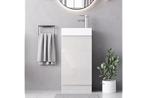 BELOFAY 400mm Floor Standing Bathroom Vanity Unit With Basin - Slim Waterproof Laquered Cloakroom Vanity Unit with 1 Tap Hole Ceramic Basin & Waste | Reversible Tap Fitting (Denvor White)