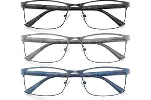 MODFANS Zestaw 3 okularów do czytania dla mężczyzn, kobiet, blokada niebieskiego blasku, prostokątna metalowa oprawka ze stali nierdzewnej, okulary korekcyjne, okulary powiększające
