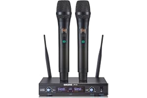 SIKUING Sistema microfono senza fili, in metallo Dual Pro UHF Cordless Dynamic Mic, 2 x 30 frequenze regolabili, sistema di microfoni palmare per casa, karaoke, riunioni, chiesa, portata 300 ft