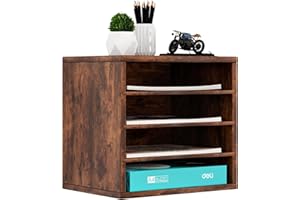 Senhoglb 4 Fächer Aktenablage A4 Stapelbar, Schreibtisch Organizer Holz, Dokumentenablage für Büro, Büroablagen Stapelbar, Schreibtisch Ablagefächer mit Schublade, Retro Braun