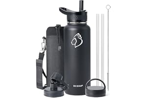 BUZIO 1180ml Water Bottle, Stainless Steel Insulated Water Flask with Straw Lids, Canteen Metal Thermo Mug Hydro Cup Jug, Double Vacuum Hot Cold Water Bottles with Carrying Pouch, Black