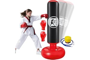 Qoosea Saco de Boxeo Niños 6-12 Años, 160cm Saco de Boxeo de Pie con Bomba de Aire y Guantes de Boxeo, Bolsa de Boxeo Inflable Estable para Karate, Kickboxing, MMA, Regalo Ideal para Niños y Niñas