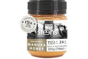 Steens Miele di Manuka - MGO 1122+ - Puro Miele Manuka grezzo 100% certificato UMF 24+ - Invasettato e sigillato in Nuova Zelanda - Manuka Honey - 225 g