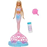 Baloncuk yapma &ouml;zelliği ve sol&uuml;syonu ile uzun ve renkli me&ccedil;li sarı sa&ccedil;ları olan Barbie Baloncuk R&uuml;yası Deniz Kızı bebek, teps