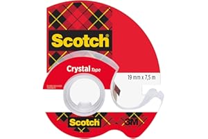 Scotch Crystal Ruban Adhésif Transparent, 1 Rouleau avec Dévidoir Manuel, 19 mm x 7,5 m - Ruban Adhésif Transparent à Usage Général pour l'Ecole, la Maison et le Bureau