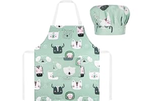 ABOHU Delantal para Niños+Gorro De Cocinero,Ajustable Niñito Delantales con bolsillos,Delantal Infantil Cocina para Pintura Artesanía,Cocinar,Hornear,Jardín,Cocina