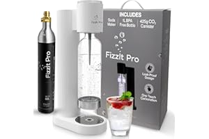 FizzIt Pro - Soda Maker Machine, White - Easy One-Touch Sparkling Water Maker with Reusable 1L BPA-Free Bottle, 425g CO₂ Canister - No Power Required, Durable & Modern Design for Home Use