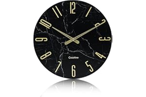 CROSSTIME Wall Clock Modern 12" - Silent Non-Ticking Glass Clocks Simple Minimalist Decorative for Kitchen Bathroom Living Room Bedroom Office Decor,Marble Black,30cm