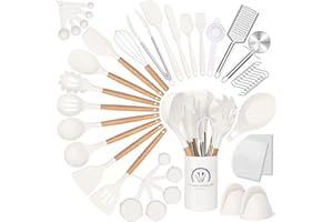 RIOVARM Set d'ustensiles de cuisine en silicone Antiadhésif Gadgets de cuisine avec support Coupe-pizza Fouet en silicone Spatules Set de tasses et cuillères à mesurer Set d'outils de cuisine