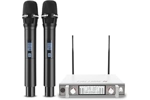 talomen Set Microfoni Wireless UHF, 2 Microfoni Dinamici a Mano in Metallo, Auto Scan, Portata 120 m, Ricevitore a Doppio Canale, Ideale per Canto, Karaoke, Feste, DJ, Chiesa – K120 Bianco