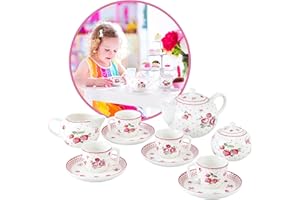 fanquare Zestaw do herbaty 12 sztuk dla dzieci, dziewcząt, czerwonych kwiatów i kropek, zestaw do herbaty do odgrywania ról na imprezę, piknik, kuchnia