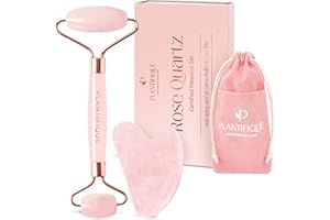 PLANTIFIQUE Rouleau de Quartz Rose et Gua Sha | Massage Visage Anti-Âge et Anti-Rides | Masseur Pierre Naturelle aux Double Extrémité et Sac de Rangement