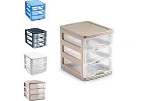 PLASTIFIC Plastic Desktop Storage Unit with Drawers, Stationary Arts Drawer Desktop Tabletop Organiser Storage Tower Unit for Office Bedroom Garage ((17 x 13.5 x 17cm, Taupe with 3 Clear Drawers))