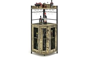 COSTWAY Mobile Bar Angolare, Mobiletto Multiuso con Porta Bicchieri, 2 Porte Ventilate in Rete Metallica e Ripiano Regolabile, per Cucina, Sala da Pranzo e Soggiorno (Marrone Rustico)