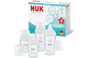 ‎NUK NUK Perfect Match Glas-Babyflaschenset | Ab 3 Monate | Passt sich dem Baby an | Temperature Control | Anti-Colic | 120 ml und 230 ml | BPA-frei | Silikontrinksauger | Regenbogen | 4 Stück
