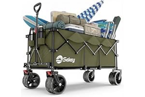 Sekey XXXL Chariot de Transport Pliable avec Freins 300L 200KG, Chariot de Plage Jardin avec Roues Extra Larges 17x10 cm, Pliable Breveté dans Quatre Directions SE4013, Vert Olive