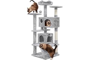 Yaheetech Árbol Rascador para Gatos 139cm con 3 Plataformas 2 Nidos 2 Pompones Torre de Escalador con Postes en Sisal Ideal para 3-4 Gatos Gris Claro