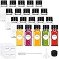Premify 2oz Plastic Juice Bottles with labels Funnel & Brush – 20pcs Small Empty Refillable Mini Jars For Essential Oils, Ginger Shots, Juice Shot, DIY Projects – Leak-Proof, BPA-Free, with Caps
