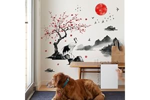 FUFUQUARE Stile Giapponese Paesaggio Pittura Adesivi Murali Gru Sole Montagna Decalcomanie da Parete PVC Rimovibile Art Decor per Camera da Letto Soggiorno Corridoio Sala Giochi Ufficio Decorazione