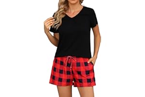 Marvmys Piżama damska, bawełniana, krótka, letnia piżama, strój domowy, z krótkim rękawem, w kratkę, bez rękawów, zestaw piżamy w paski, ze ściągaczem i kieszenią