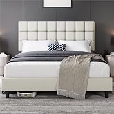 Yaheetech Upholstered Bed Frame Adjustable Headboard 63 x 200 cm Beige | Double Beds Stable Metal Frame with Wooden Slat 360