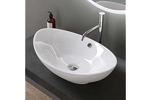 doporro Lavabo Ovale da Appoggio in Ceramica Bianco Lucido 59x38,3x19,2 cm, Lavandino Bagno con Troppopieno Effetto Loto Brüssel818