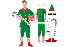 Joyesplay Elf Costume Adult Women Men Christmas Elf Fancy Dress Festival Outfit With Hat and Ears Striped Socks Shoes for Xmas Party Cosplay