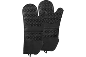Topflappen Ofenhandschuhe, Yeswell Ofenhandschuhe, Küchenhelfer, Küchengeräte Hitzebeständige, Extra Lange Kochhandschuhe mit Rutschfesten Silikonstreifen, Schwarze Küchenhandschuhe