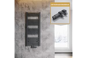 SONNI Badheizkörper 1200x500mm Handtuchtrockner Anthrazit 601 Watt Design Hantuchwärmer Heizung Mittelanschluss mit Anthrazit Multiblock Thermostat