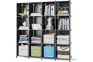 FUNLAX Meuble de Rangement en Forme de Cube - 16 Cubes - Bibliothèque Portable - Rangement de Salle de Bain - en Plastique - pour vêtements, Livres, Jouets, Laine et Chaussures,Noir