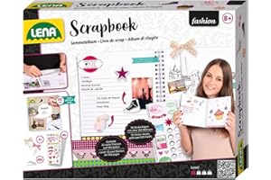 LENA 42332 - Juego de Manualidades para Scrapbook, Completo con álbum, Espacios en Blanco para 20 Temas, 18 Hojas de Pegatinas con 300 Motivos, Esquinas de Fotos y 2 Clips de Cinta, Juego Creativo