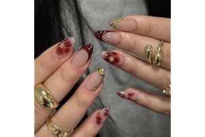 LunarCharm 24 Stück rote French-Tip-Aufdrücknägel, kurze mandelförmige Kunstnägel mit 3D-Goldstreifen-Perlendesign, Blumen-Kunstnägel, Acryl-Nagelspitzen zum Aufkleben