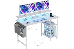 DOMSHOCT Gaming Desk with LED Lights & Power Outlets, Reversible Computer Desk with Storage Shelves & Dual Monitor Stands, for Home Office & Study, 100×50cm White