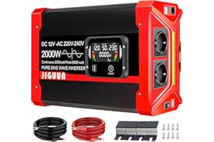 JIGUUN 2000W Inversor 12V 220V Onda Pura Convertidor Inverter con 2 Tomas EU y 3 Puertos USB+Tycp-C, Mando a Distancia Desmontable y Pantalla LCD Potencia máxima 6000W