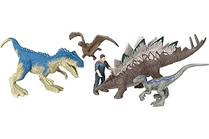 Mattel Jurassic World Dominion Chaotic Cargo Paquete de 5 mini figuras, 1 humano y 4 juguetes de dinosaurio en paquete temático de camión de carga