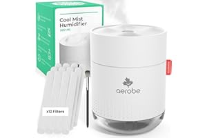 Aerobe Humidifier for Bedroom with 12 Extra Filters, 500ML Cool Mist Humidifiers for Home and Plants, Humidifiers for Baby with 12~16 Working Hours, Waterless Auto-Off Mini Humidifier