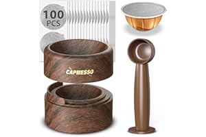 CAPMESSO Reusable Vertuo Pod Refill Kit for Nespresso: Reusable Vertuo Capsule for Nespresso/Coffee Pods Vertuoline with 100 Aluminum Foil Lids for Any Size of Vertuo Plus Espresso Pod- Wood Grain Holder