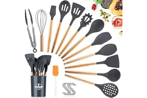AMAYGA Utensili Cucina Set,25 Pezzi Set di Utensili da Cucina in Silicone,Resistente al Calore con Manico Legno Antiaderenti da Cucina Strumento di Cottura Termoresistenti-Grigio