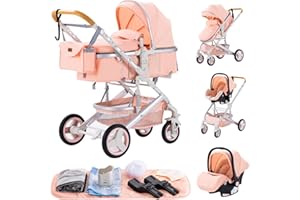 YAZOCO Passeggino Trio, 3 in 1 Carrozzina Multifunzionale Carrozzina Ovetto Pieghevole Set Passeggino Neonato Sedili Parapiedi Zanzariere Vista Dall'Alto (Rosa)