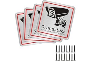 AYIFAN Achtung Videoüberwachung Schild 4 Stück - Hinweisschild Mit 16 Schrauben- Warnschild für Kameraüberwachung klein- Gebürstetes Alu Aluminium- 15x15 cm (Metall)